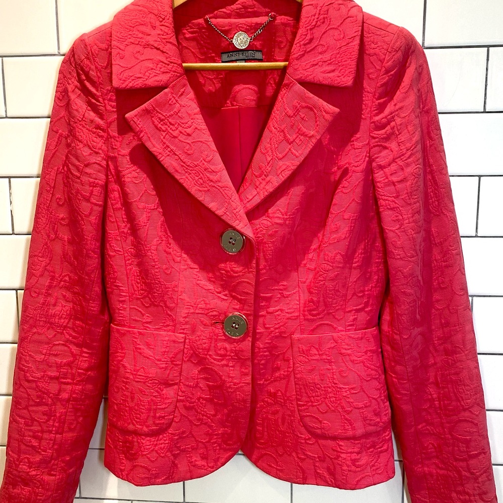 Anne Klein Classy Textured Two Button Bright Pink Blazer 100% Cotton Sz 4